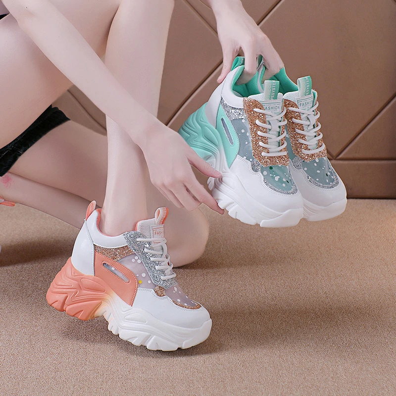 内增高透气网面老爹鞋女小个子2025新款夏季小白鞋女厚底休闲运动