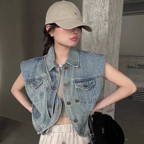 韩版牛仔背心马甲女2024春夏季新款时尚洋气设计感Plol领坎肩外套
