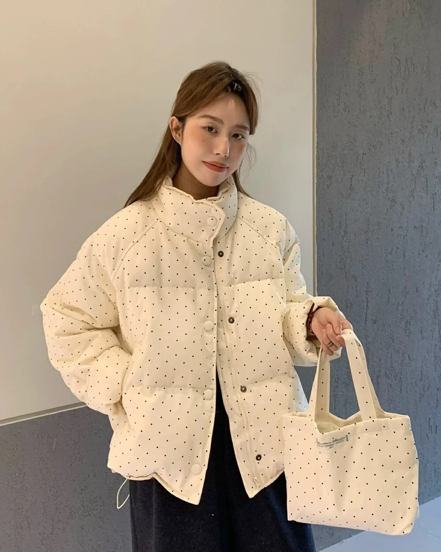韩系冬季新款立领波点棉服百搭加厚休闲宽松面包服外套气质上衣