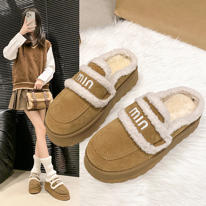 厚底勃肯鞋女2024新款包头一脚蹬半拖女鞋秋冬外穿毛毛棉拖P8502