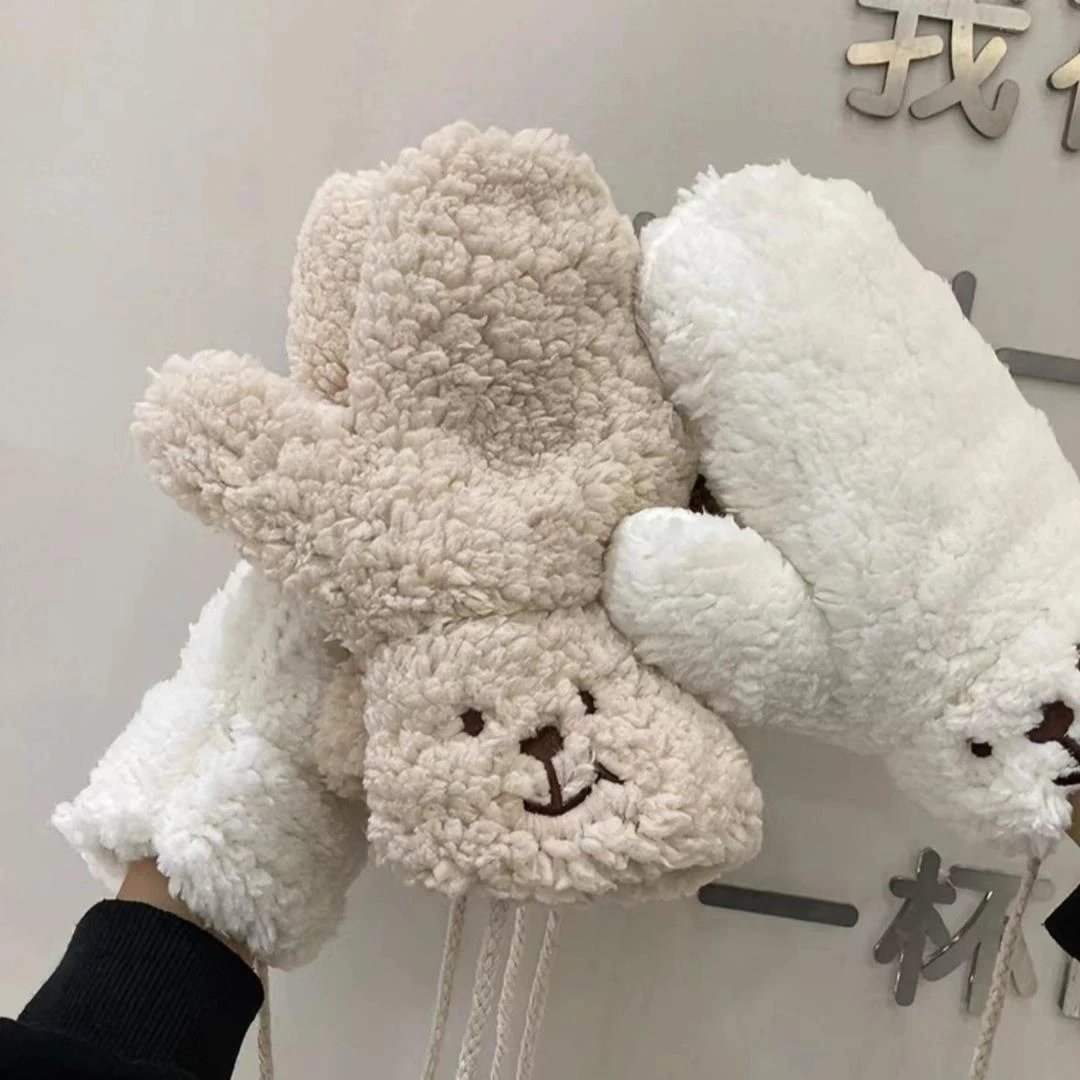 韩国少女心可爱小熊毛绒保暖手套冬季卡通学生软萌骑行全指手套女