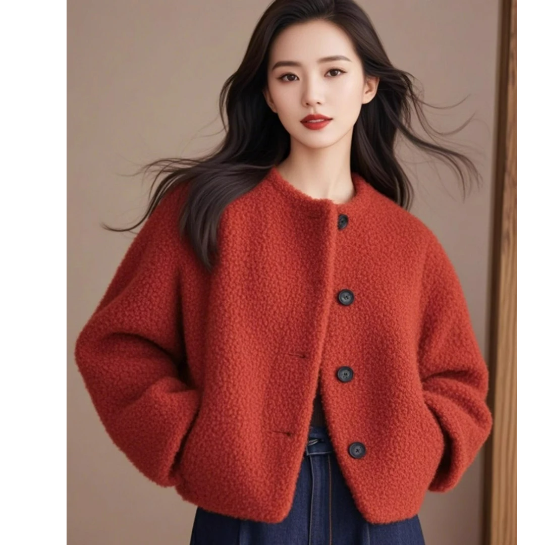 冬季欧货高端气质别致独特洋气上衣高级感超好看红色加厚毛外套女
