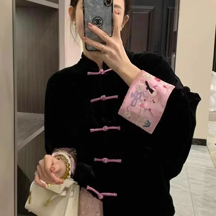 新中式国风高级感黑色金丝绒外套秋季改良盘扣唐装上衣裙子套装女