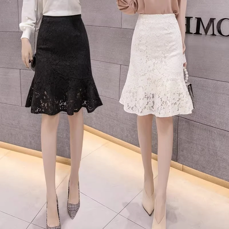 高腰黑色鱼尾裙半身裙2024春夏新款蕾丝中长款荷叶边a字包臀裙女