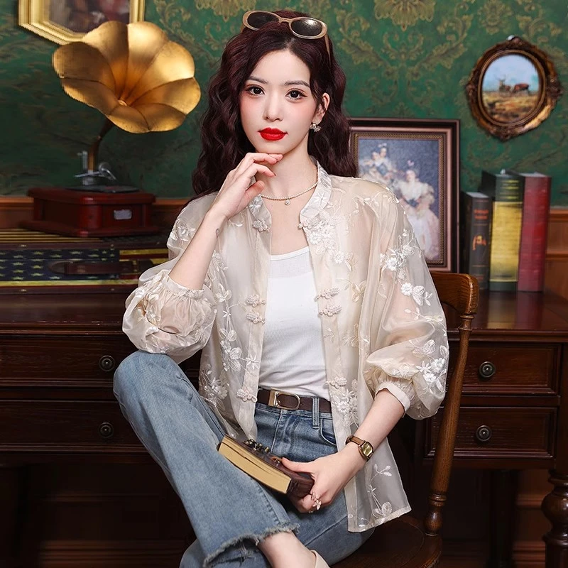 新中式提花刺绣防晒衬衫女夏季薄款衬衣国风吊带外搭开衫薄纱外套