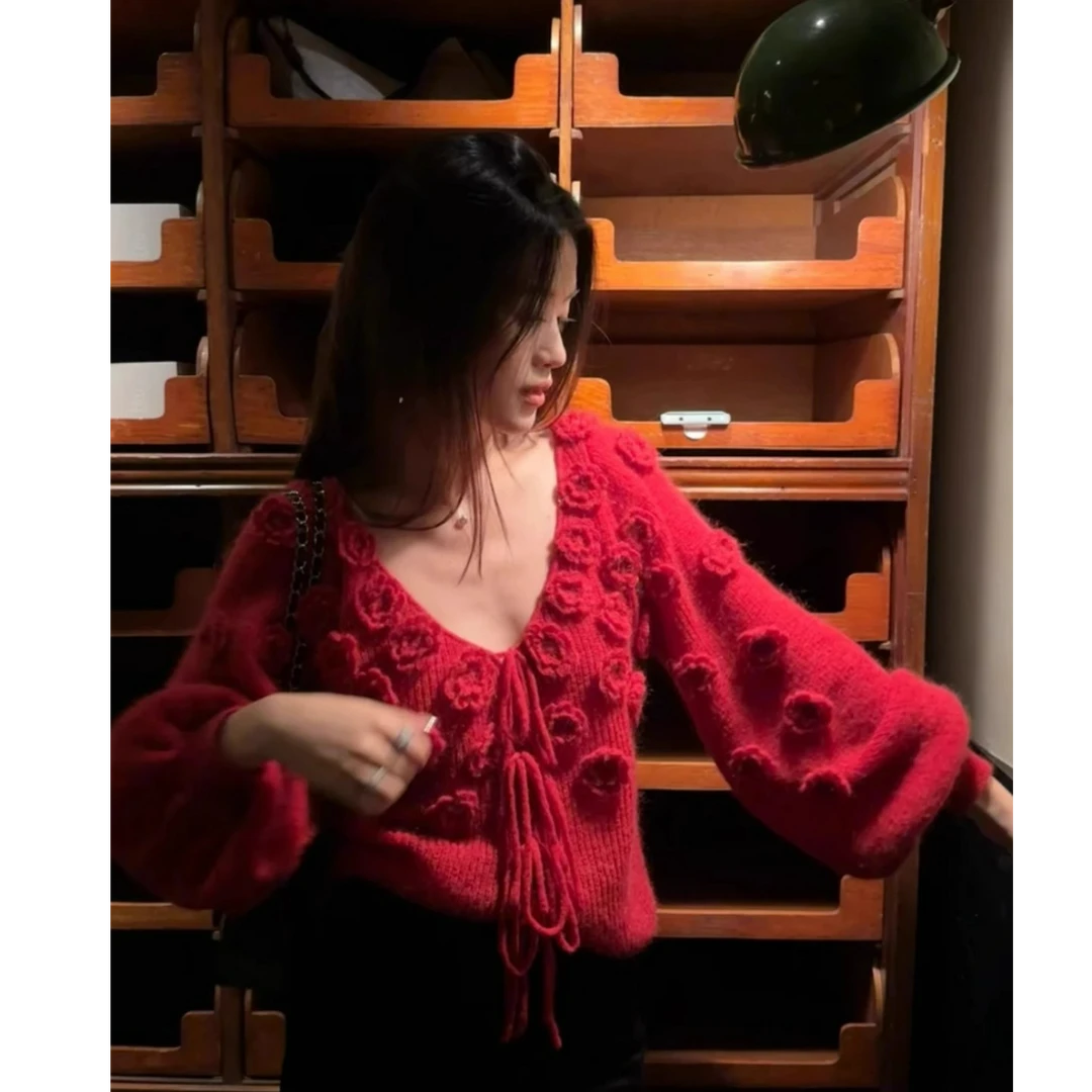 温柔风立体花朵圣诞穿搭红色毛衣女秋冬新款宽松显瘦慵懒针织上衣