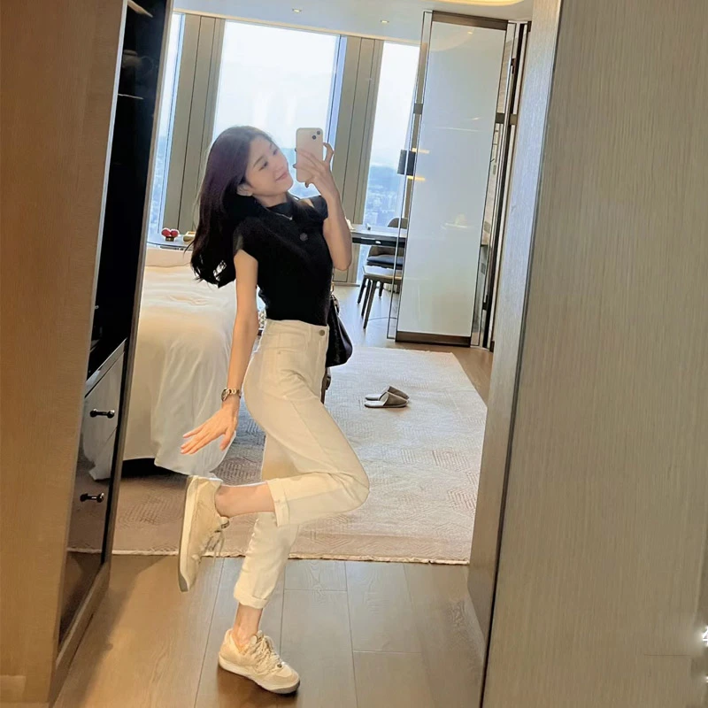 米白哈伦直筒牛仔裤女秋季2024新款高腰宽松九分小个子显瘦萝卜裤