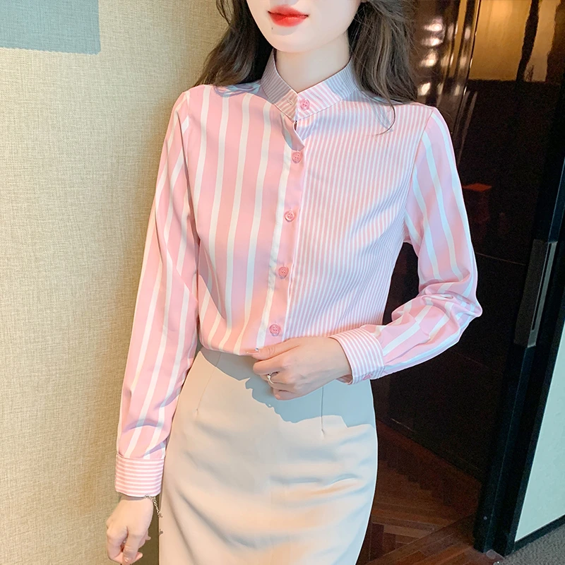 气质时尚立领条纹衬衫女洋气减龄轻熟雪纺长袖上衣春秋设计感小众