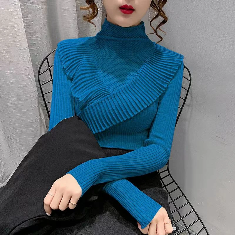 镂空蕾丝花边堆堆高领套头针织衫秋冬洋气女士修身毛衣打底衫上衣