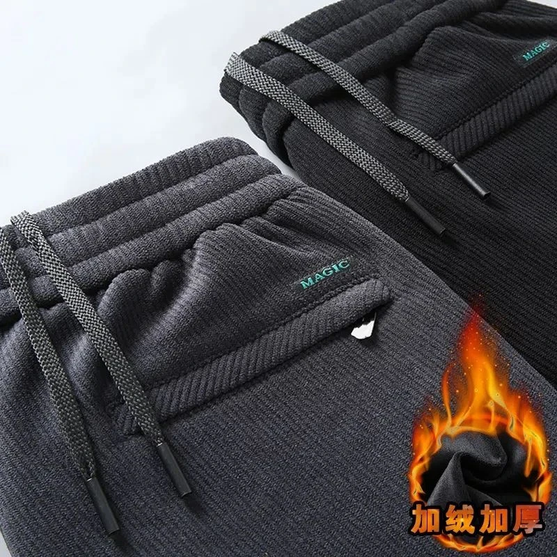 秋冬季新款加绒加厚保暖裤男士灯芯绒休闲直筒裤大码宽松条纹裤子