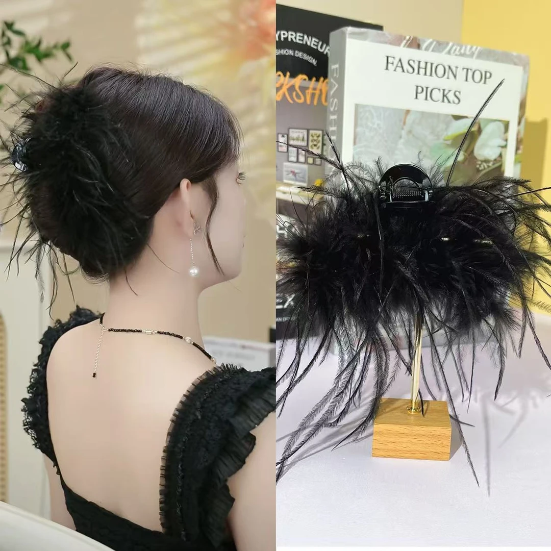 网红爆款大号羽毛抓夹超仙欲风毛毛夹百搭飘逸简约时尚优雅发夹