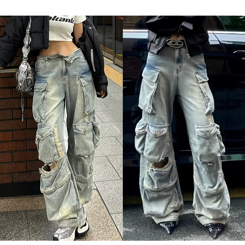 【张碧晨同款】破洞多口袋牛仔裤男女设计感工装裤潮2003高街宽松