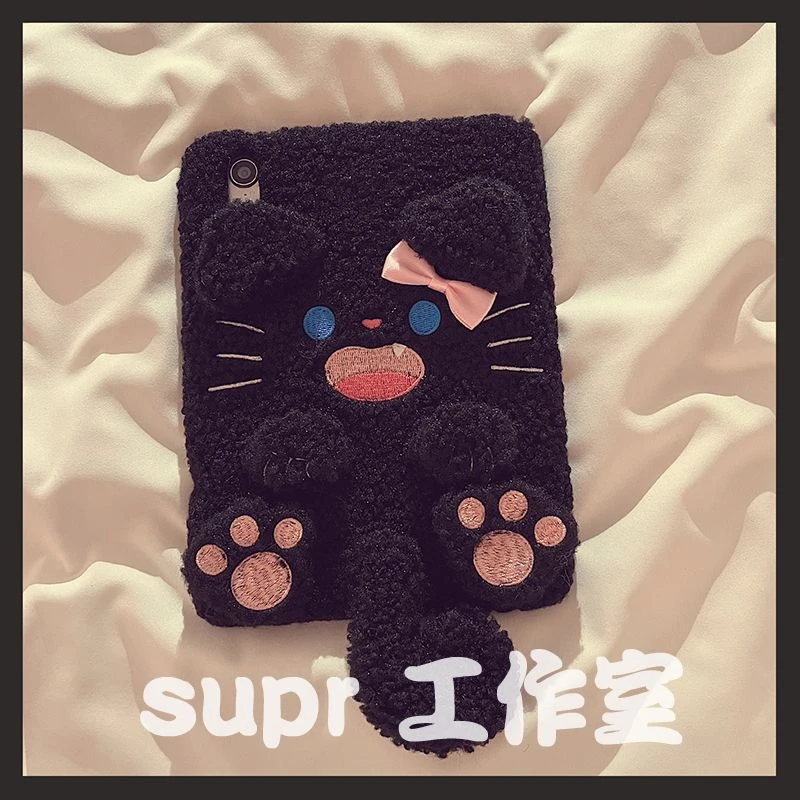 卡通刺绣蝴蝶结黑色猫咪ipad10代毛绒平板保护套pro笔槽89软567女