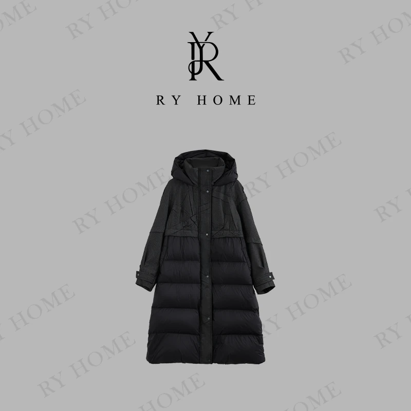 【容雨RYHOME】90白鹅绒~连帽牛仔压褶拼接长款羽绒服244YF1200