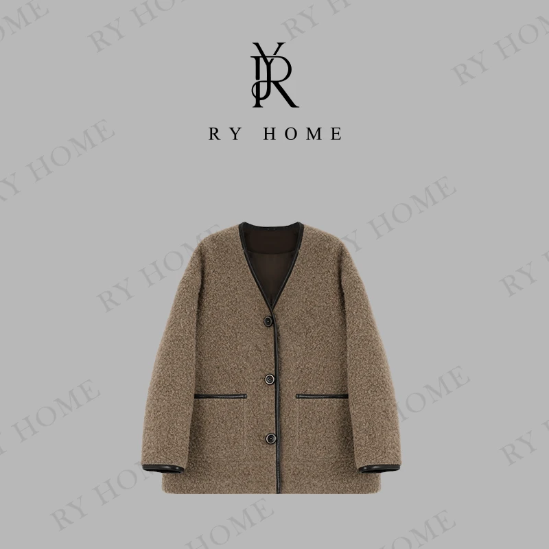 【容雨RYHOME】90白鸭绒＋绒面羊毛撞色V领羽绒外套244YF1281