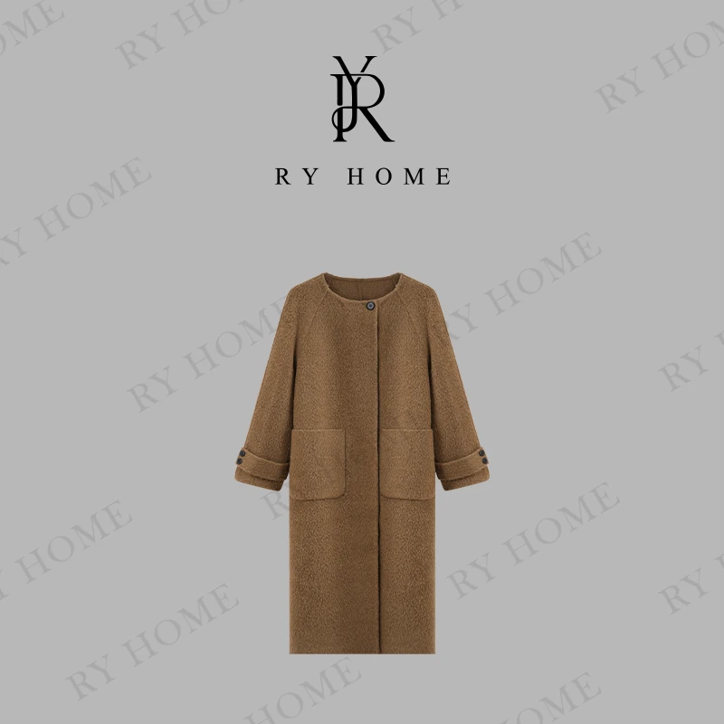 容雨RYHOME~阿拉善~羊驼单扣圆领一体式拉毛长款大衣外套243W1832