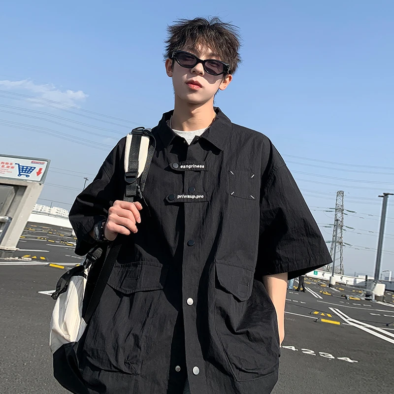 多口袋机能工装短袖衬衫男夏季美式高街潮牌大码半袖衬衣情侣外套