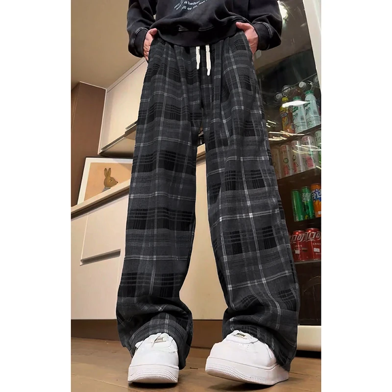 美式复古垂感格子休闲裤男春秋vintage潮牌情侣宽松直筒阔腿裤子