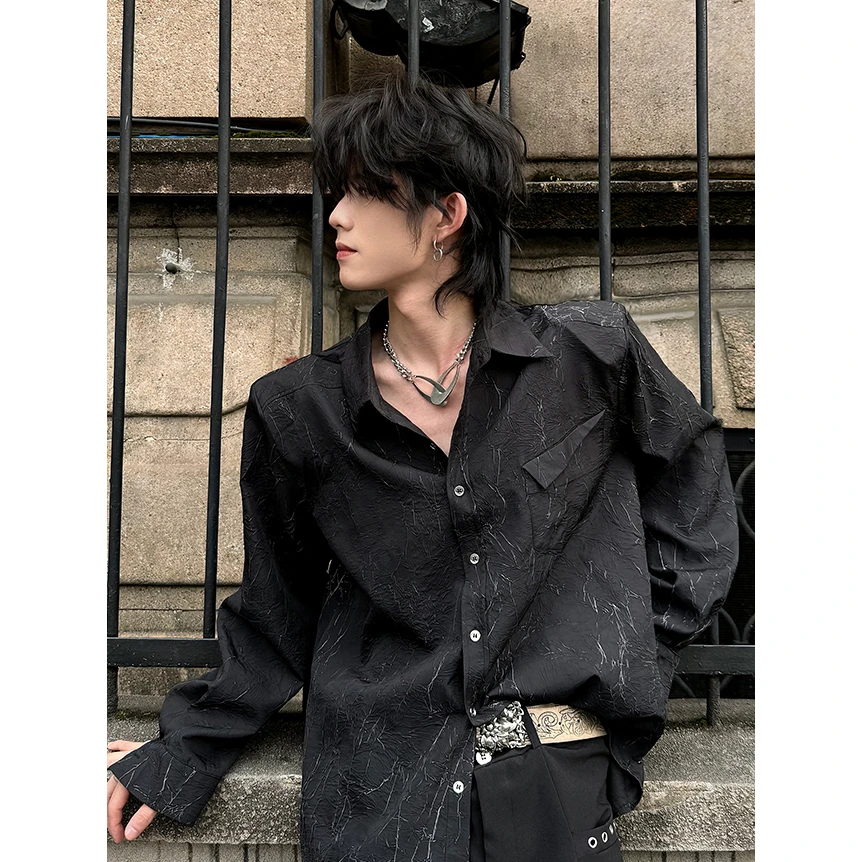 肌理感裂纹垫肩长袖衬衫男款春秋美式潮牌高级感痞帅休闲衬衣外套