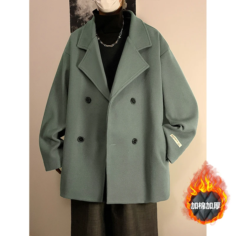 双排扣西装毛呢外套男秋冬季韩系英伦风加绒美式潮牌呢料西服夹克