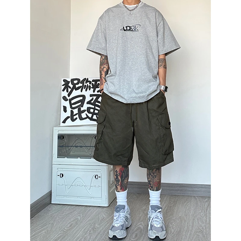 军绿色机能工装短裤男夏季美式复古潮牌大码宽松直筒休闲五分裤子