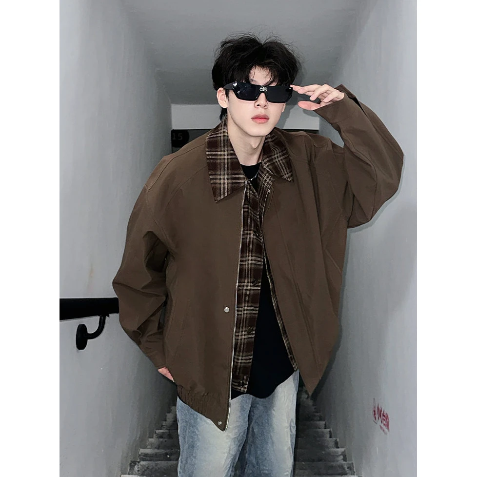 假两件格子工装外套男款春秋美式vintage潮牌高级感痞帅飞行夹克