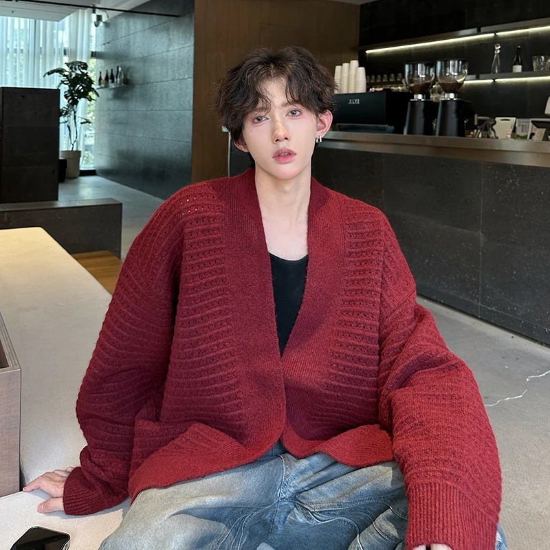酒红色V领无扣开衫毛衣外套男秋冬美式复古潮牌慵懒风针织衫线衣