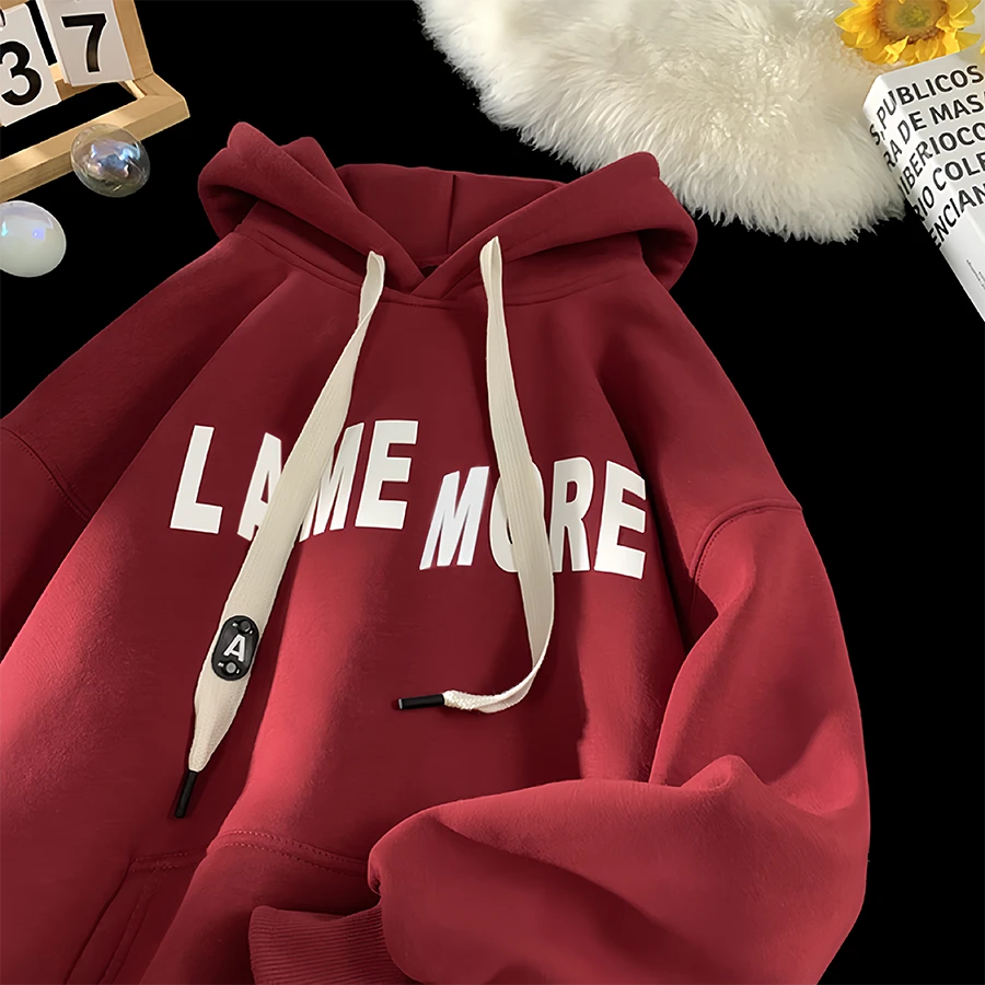 酒红色520g重磅连帽卫衣男春秋美式潮牌oversize宽松情侣中山外套