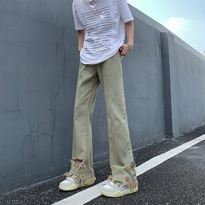 黄泥染毛边破洞水洗牛仔裤男款夏季美式高街潮牌修身直筒微喇裤子