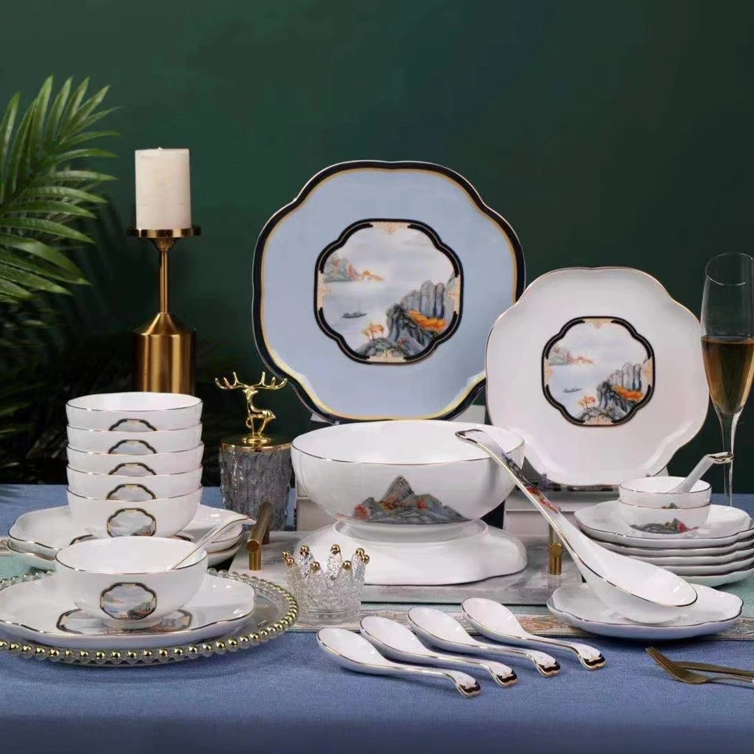 高白泥轻奢国潮风套装餐具 乔迁送礼家用碗盘