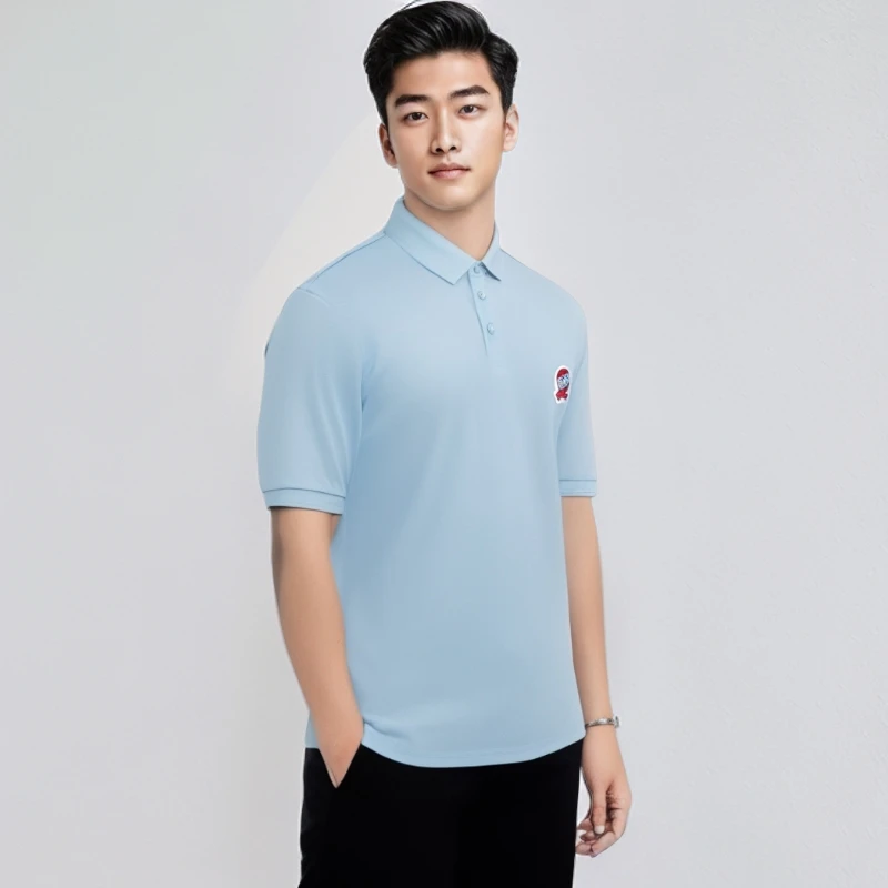 夏季高端透气男士polo休闲夏季透气翻领舒适时尚简约商务刺绣压花