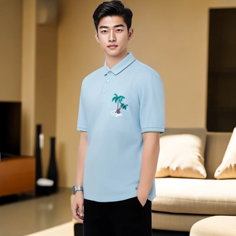 夏季高端翻领POLO休闲简约商务时尚透气潮流百搭男士刺绣丝光棉