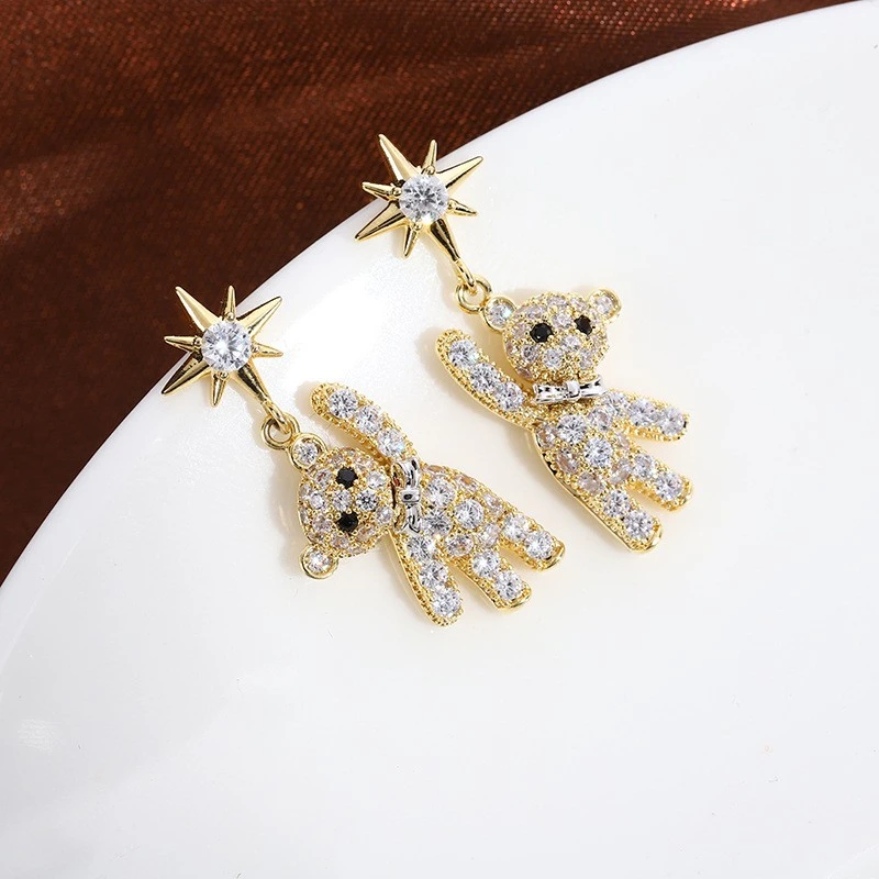 铜合金合成锆石耳饰 【艾思黛】可爱小熊耳环 小众设计感耳饰女92