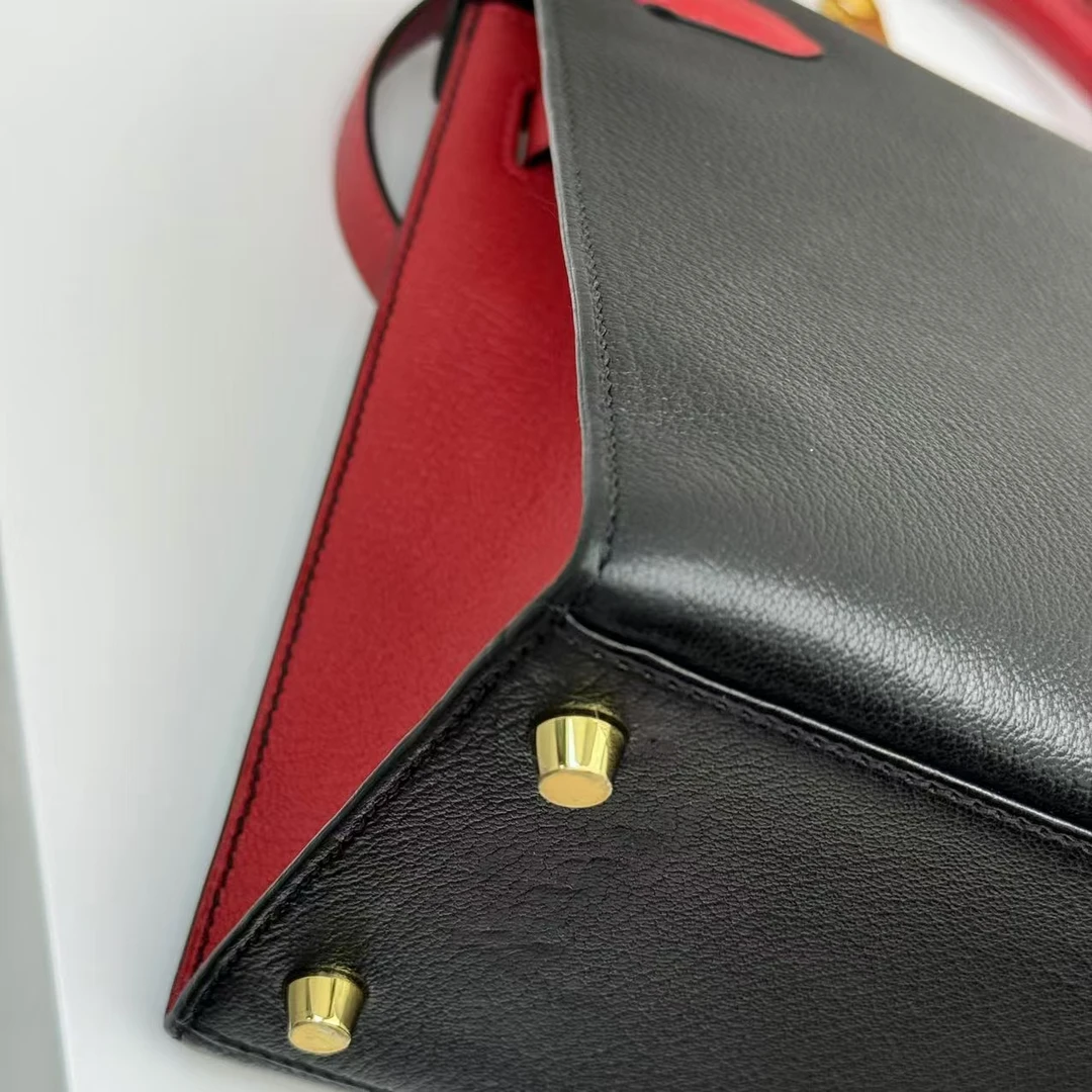 99新 Hermes/爱马仕 kelly28 红拼黑 山羊皮 拉丝金扣 D刻