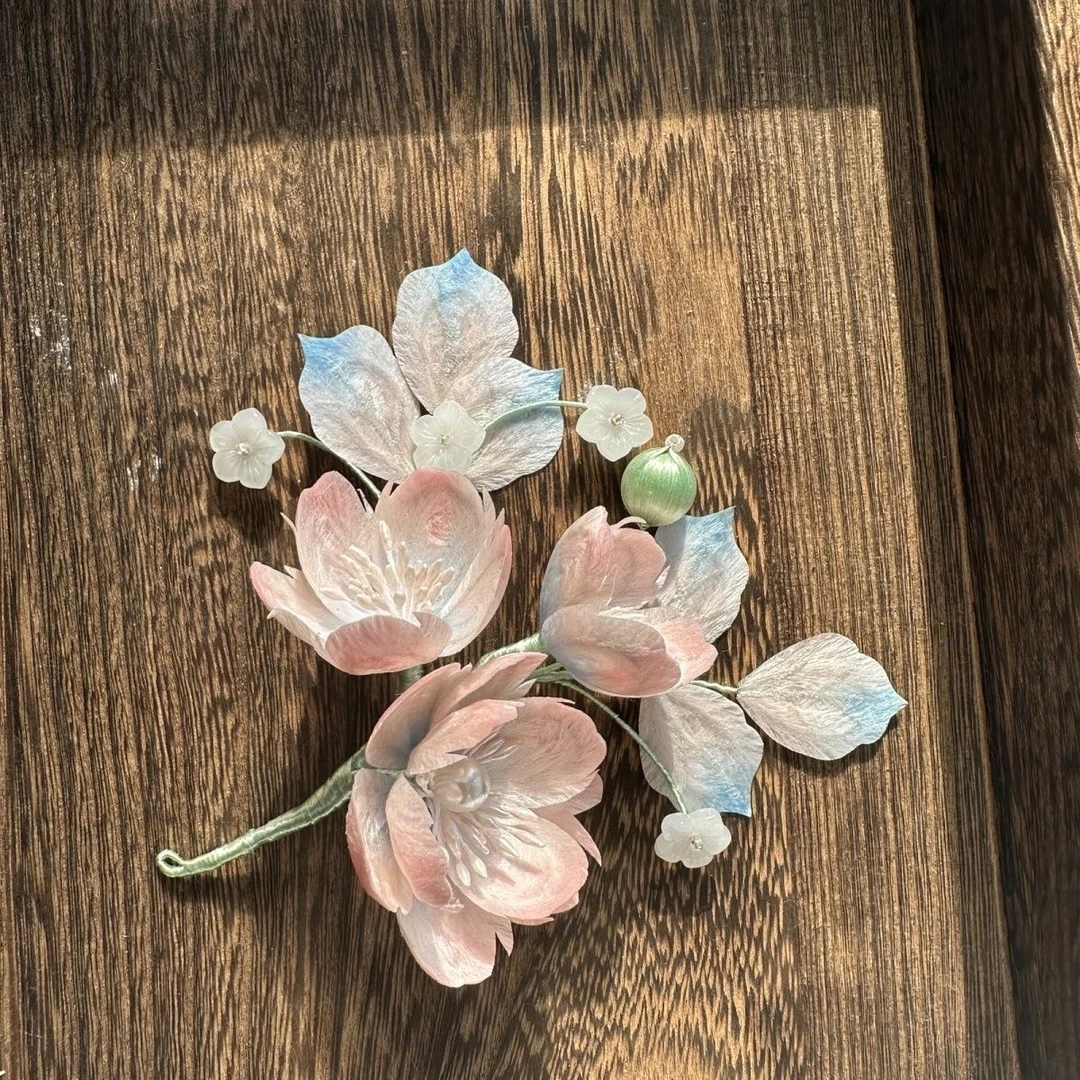 吉劭红粉蓝颜蚕丝绒花发夹头饰百搭款古风汉服配饰清新高雅蓝粉