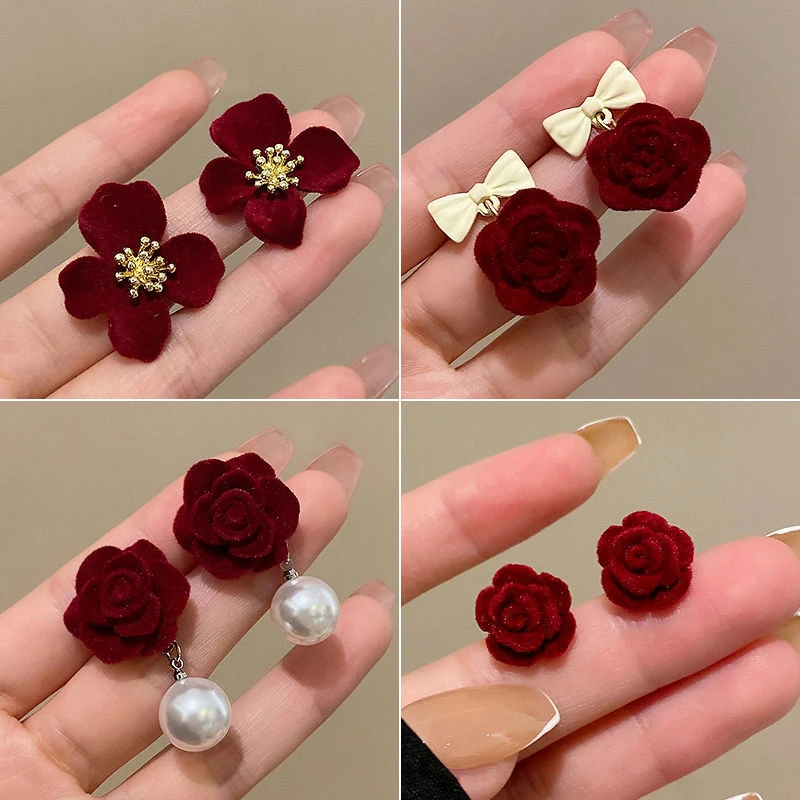 925银针丝绒花朵耳环高级感轻奢耳钉气质高级大气秋冬红色耳饰女