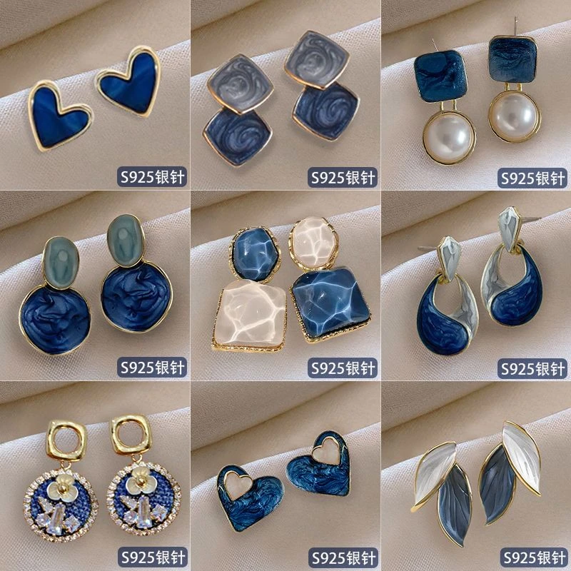 蓝色耳环女2023年新款小众设计感高级耳坠气质显脸小耳钉爆款耳饰