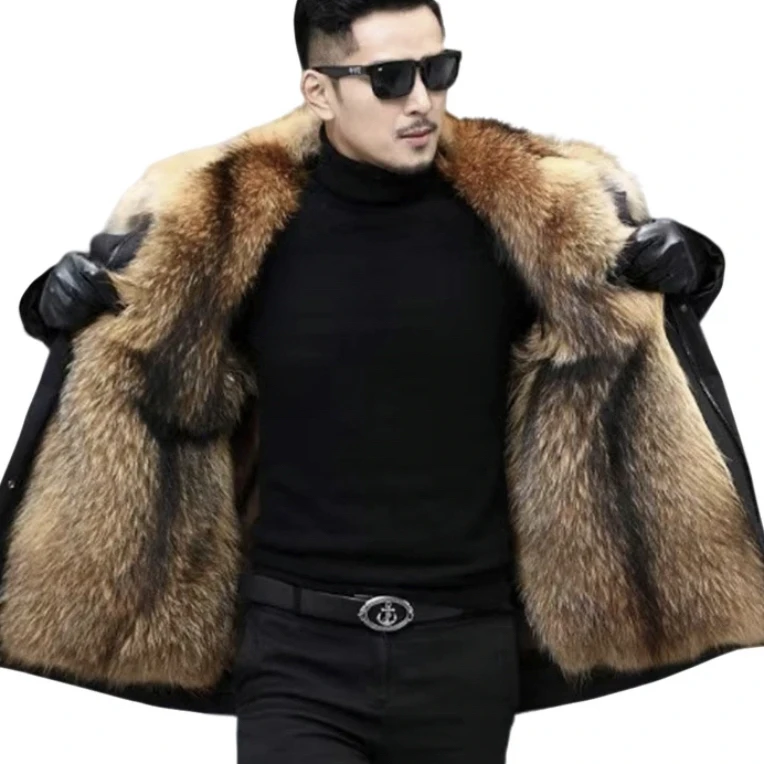 高端貉子王男士冬季派克服貉子皮可拆卸内胆长款加绒加厚保暖外套