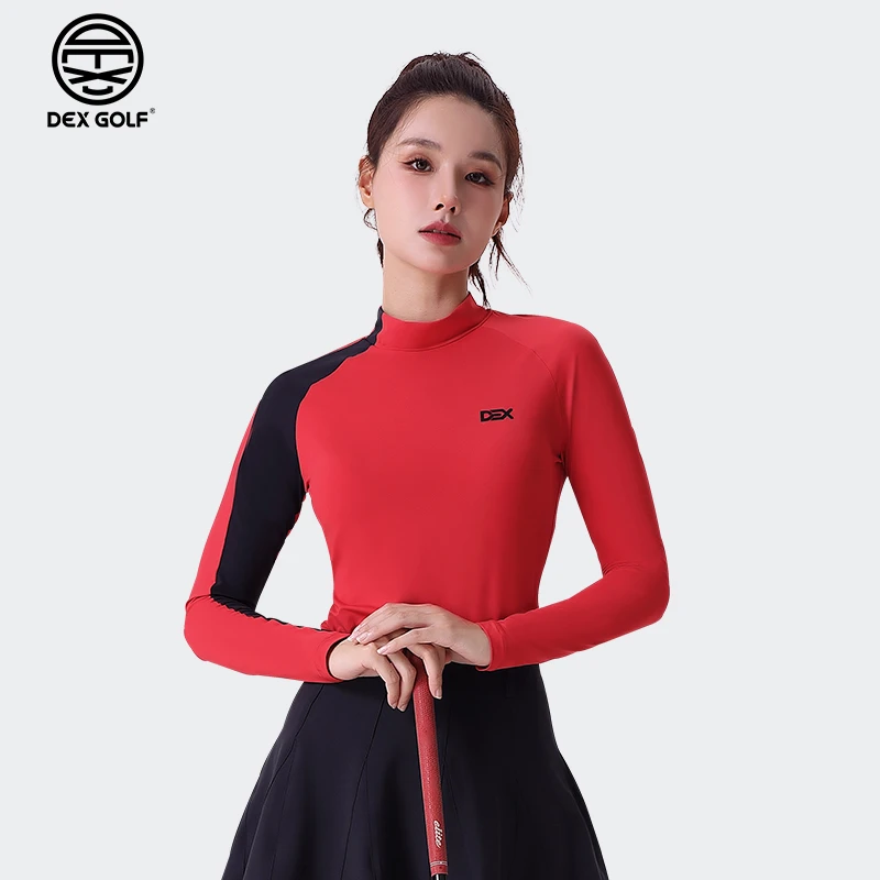 DEXGOLF高尔夫女士长袖T恤3093拼色半高领上衣舒适弹力Polo衫