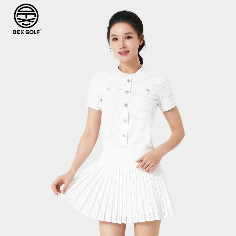 DEXGOLF高尔夫服装春夏新款女士套装排扣圆领气质两件套时尚休闲