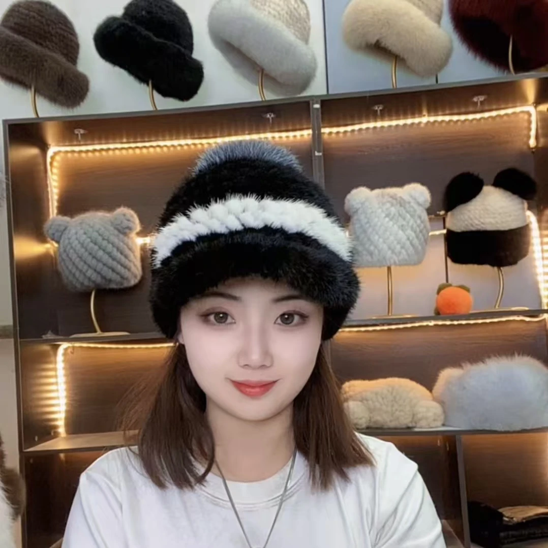 新款水貂毛鸭舌帽保暖气质护耳洋气时尚百搭冬季女士休闲加厚编织