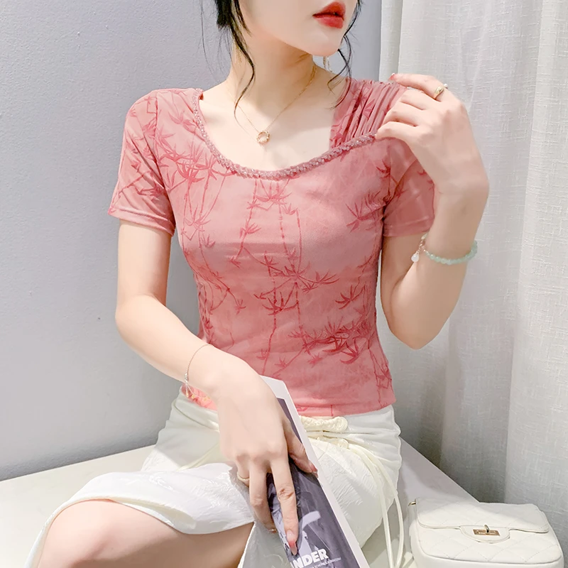 圆领高弹网纱T恤女2024夏季蝴蝶印花时尚气质短袖洋气显瘦打底衫