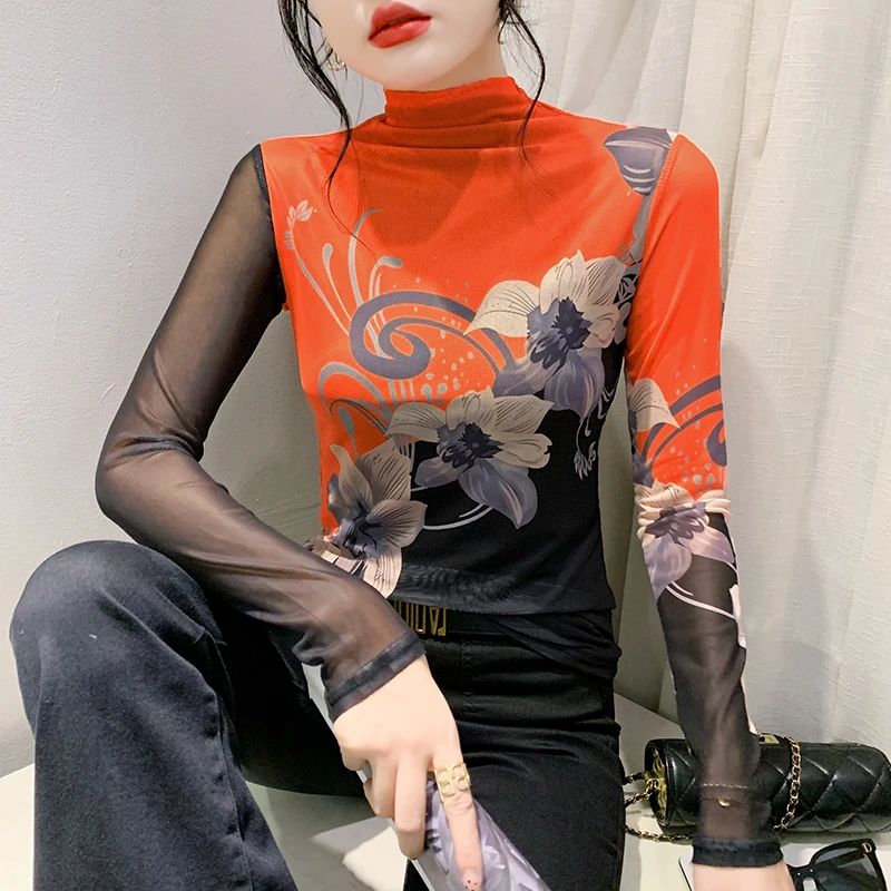 高领印花定位花网纱打底衫2024秋冬新款时尚洋气长袖减龄百搭T恤