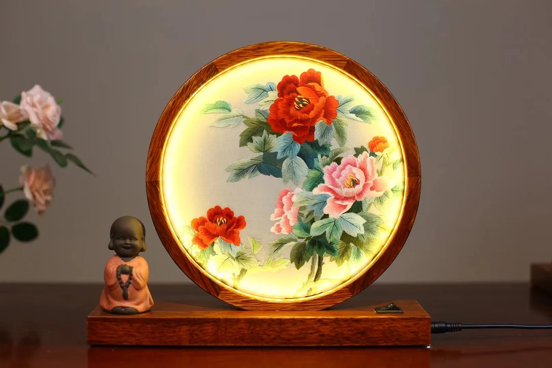 苏州苏绣双面绣台灯摆件