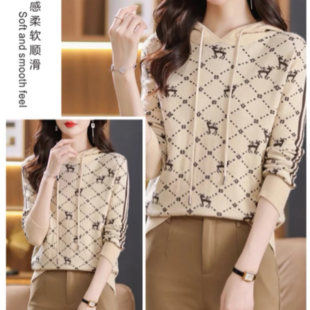 格子套头连帽针织衫女卫衣恒源祥秋冬显瘦松大码带帽毛衣上衣外穿