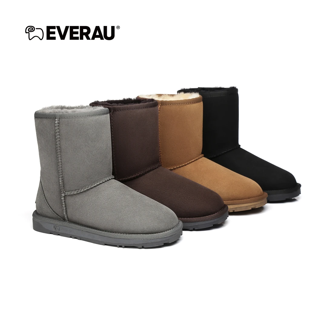 EVERAU冬季保暖中筒雪地靴真皮毛一体男女款加绒棉鞋经典EA3003