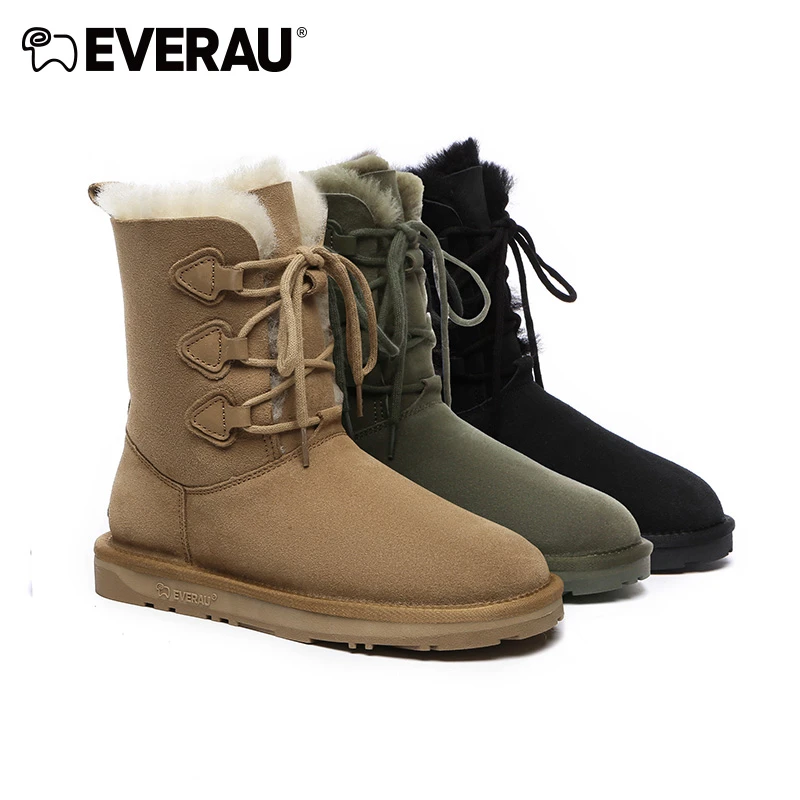EVERAU冬季时尚休闲鞋前捆绑式女款皮毛一体保暖中筒雪地靴EA3108