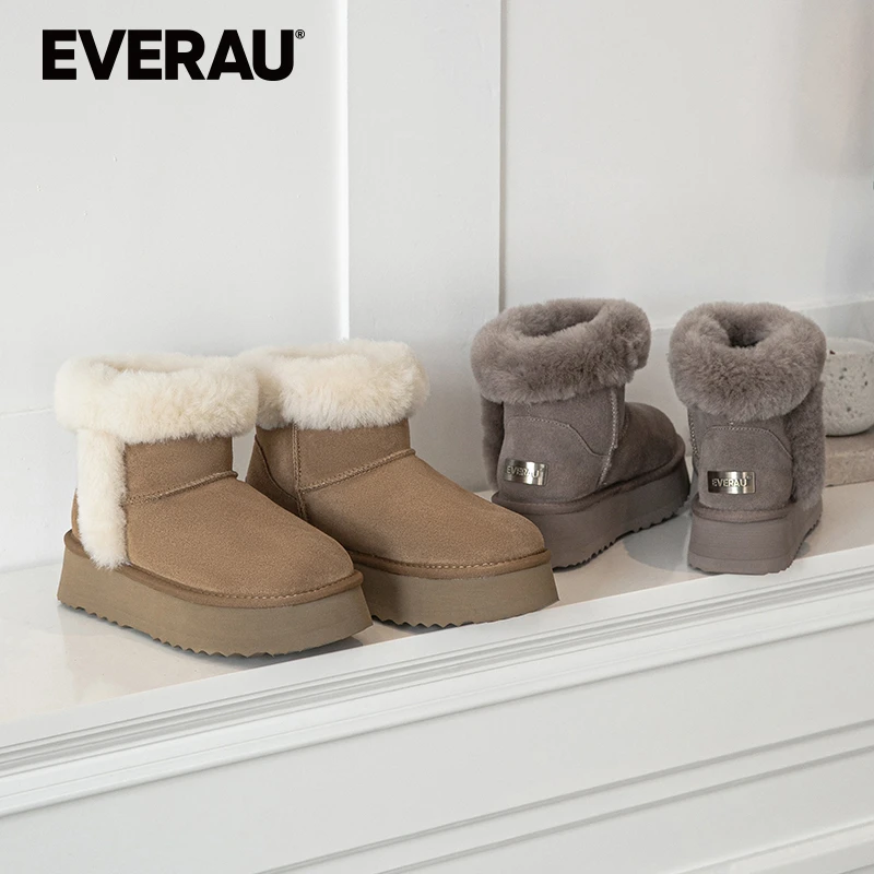 EVERAU（奶油芝士）时尚雪地靴女短筒加绒保暖厚底棉靴UEA3173