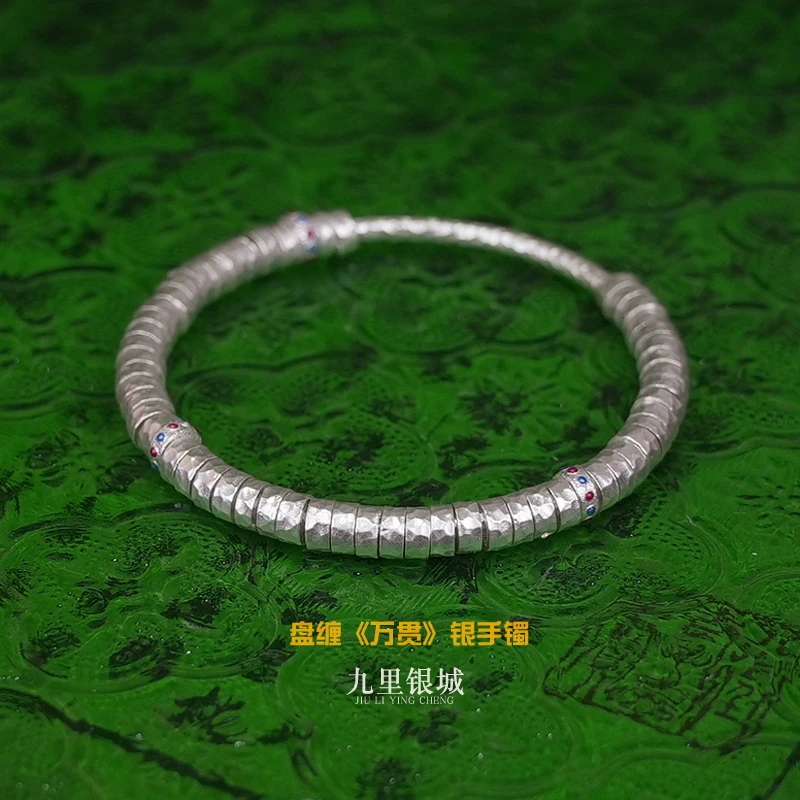 足银手镯 9999纯银实心盘缠万贯新中式手镯复古简约百搭镯子锤纹
