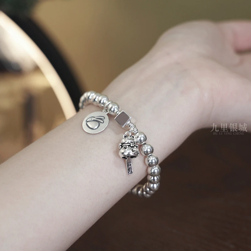 足银手链 990纯银十二生肖马年招财猫手链手工本命年银珠925礼物